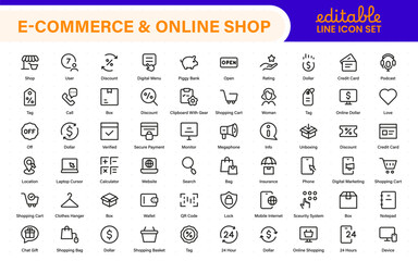Poster - E-Commerce set of web icons in line style. Online shopping icons for web and mobile app. Business, mobile shop, digital marketing, bank card, gifts, sale, delivery. Vector illustration