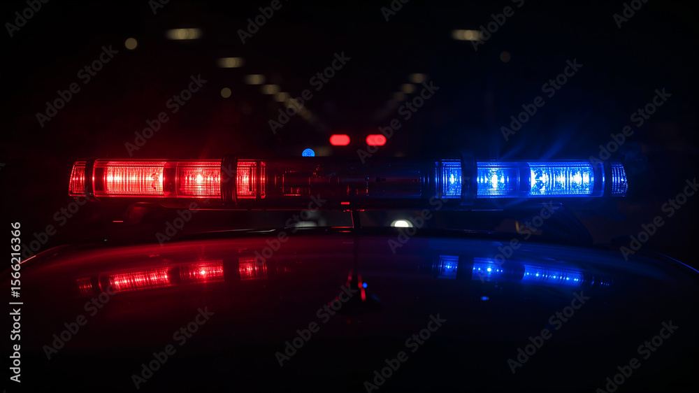 Foto Flashing red and blue emergency lights on police car at night do ...