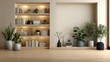 © Tiwakeat - Modern minimalist living room interior bookshelves plants and hardwood floor