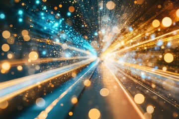 Poster - Dynamic light bars tunnel with swirling bright particles creating a mesmerizing visual effect, Light Bars Tunnel With Bright Particles Swirling