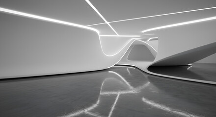 Aufkleber - Futuristic interior design with smooth white curved walls and neon light installations
