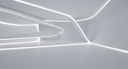 Aufkleber - Futuristic Minimalist Interior Design with Smooth White Surfaces and Neon Lighting