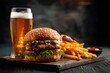 © Sulaihatin - Burger fries beer on wooden board Bun covered in sesame seeds patty cheese tomato lettuce Fries spilling from paper cone ketchup in a bowl