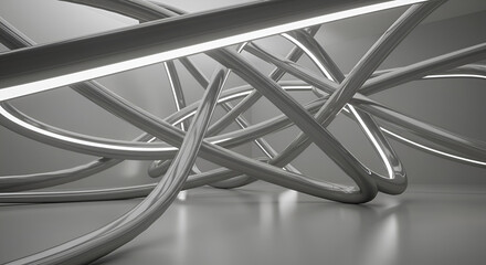Aufkleber - Illuminated interconnected metallic tubes on a reflective surface create abstract display