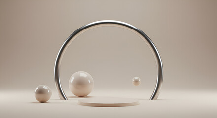Aufkleber - Minimalist geometric composition featuring spheres, arch, and podium in neutral tones