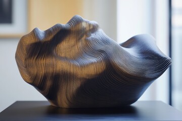 Poster - Abstract wave displacement surface sculpture showcases dynamic form and texture in a well-lit gallery context, Abstract wave displacement surface