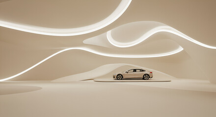 Poster - Modern electric car presented in a futuristic architectural setting showcase