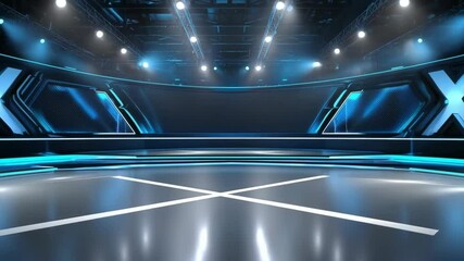 Poster - Futuristic Stage Design with Striking Lighting & Reflective Floor. Great for Events, Presentations. Bold 'X' Accents & Smooth Transitioning Lights.