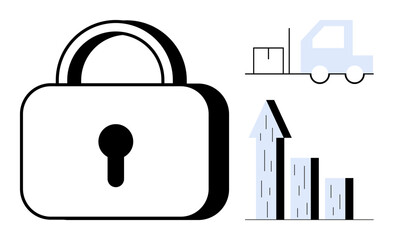 Aufkleber - Padlock symbolizing security, bar graph with upward growth trends, truck with packages. Ideal for logistics, e-commerce, data protection, growth strategy, cyber safety, business planning simple