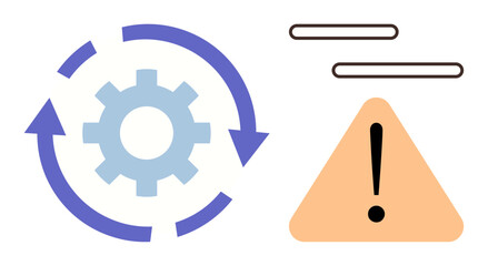 Poster - Circular arrows around a gear symbolize operation cycles, next to a warning triangle with an exclamation mark. Ideal for process improvement, risk management, workflow, safety, caution, efficiency
