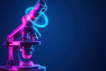 Poster - Microscope icon with colorful neon lines on a vibrant blue background, microscope icon and neon colourful lines on blue background