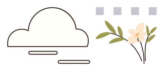 Poster - Thin-outlined cloud with horizontal lines, abstract squares, and delicate flower with green leaves. Ideal for weather, nature, minimal design, eco, mindfulness creativity wellness. Simple flat
