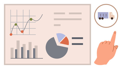 Aufkleber - Hand interacts with transportation icon next to analytic graphs, bar chart, pie chart, and line graph. Ideal for business strategy, logistics, financial decisions, market insights, data tracking