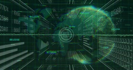 Poster - Faint glowing points forming rotating holographic globe, updating panels visualizing data