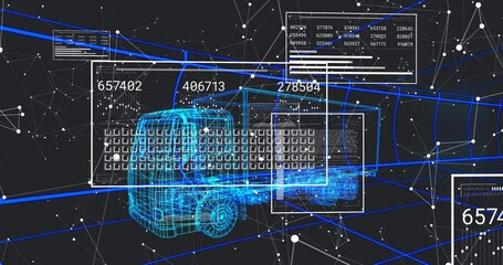 Poster - cyan wireframe truck emerging at center grid rotating panels cycling labels fading visualizing data