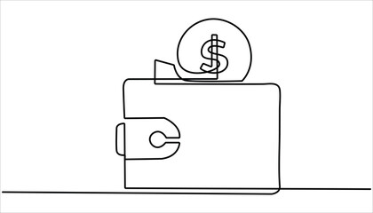 Poster - 
Continuous one line drawing of Wallet with paper money. Single one continuous line drawing of dollar coin and big wallet. Wallet with banknotes. Money in a leather wallet. Flat minimal icon.



