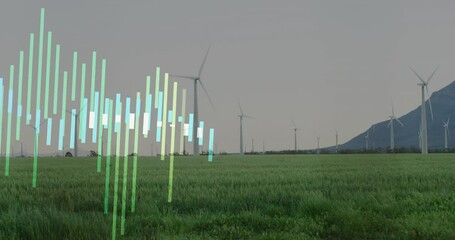 Poster - On start animated audio waveform bars rising and pulsating over wind turbines simulating levels