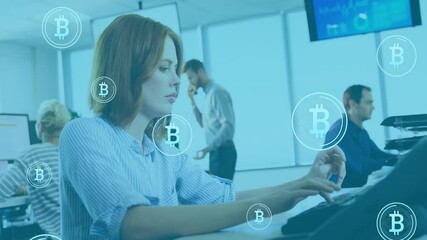 Poster - Red-haired trader typing on keyboard Bitcoin icons appearing around desk visualizing trading data