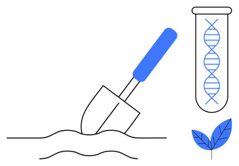 Poster - Shovel digging soil, DNA strand in test tube, leaf emphasizing biotechnology and agriculture, genetic science, sustainable farming, research innovation, plant genetics, crop improvement, simple flat