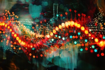 Poster - Dynamic dna strand visualized over vibrant moving lights creating an abstract representation of genetic activity, dna strand over moving spots