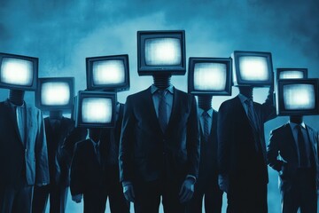 Poster - Group of individuals with monitor heads standing in a dimly lit environment during a tech-themed event, a group of people with monitors instead of heads