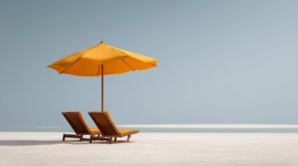 Poster - Two empty wooden beach chairs sit under a bright yellow parasol on a pristine sandy beach, inviting relaxation and enjoyment of the tranquil ocean view