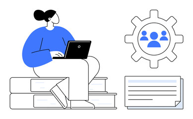 Poster - Woman working on a laptop atop stacked books, gear with team icon, and a text document. Ideal for education, teamwork, learning, research, productivity project management collaboration. Simple flat