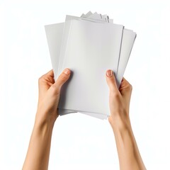 Poster - Woman is holding a stack of blank white paper with both hands