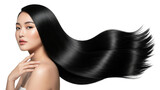 Beautiful Asian woman with long black silky hair flowing to the side
