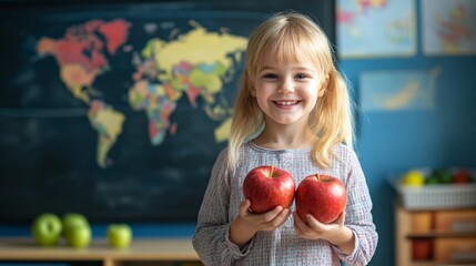 Poster - Happy elementary school student holding two red apples, smiling in a classroom with a world map on the blackboard, ready for learning and healthy snacking