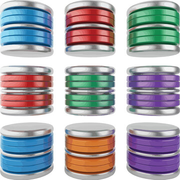 Collection of nine colorful 3d rendered database icons on white background