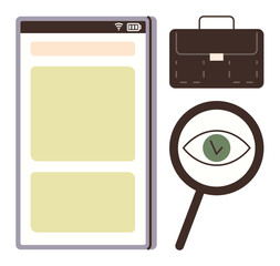 Poster - Smartphone interface, magnifying glass with eye, and briefcase highlight analytics, organization, and research. Ideal for business, productivity, management, exploration study startup minimalism