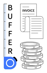 Poster - Coins stacked near invoices and a buffer progress indicator point to financial stability, expense tracking, and readiness. Ideal for finance, budgeting, savings, cash flow, planning, goals simple