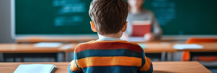 Poster - Elementary school student sitting at desk back view in classroom, listening to teacher and learning during lesson, education and back to school concept