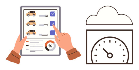 Poster - Hands selecting a car from tablet options with checkboxes, charts, and percentages. Cloud interface with a speedometer. Ideal for decision-making, technology, data, automation, vehicle management