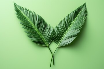 Poster - Tropical leaves creating a v shape composition on a vibrant green backdrop