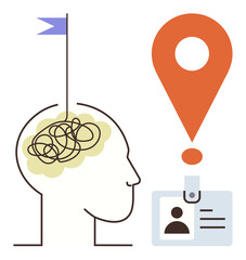 Poster - Simplified human profile with tangled brain illustration, flag, and location marker tied to ID card. Ideal for innovation, identity, mental clarity, guidance, problem-solving, psychology direction