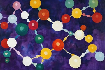 Poster - Colorful molecular structures against a vibrant purple background showcase scientific creativity and innovation, molecules on purple background