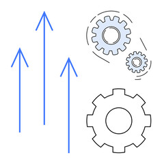 Poster - Blue upward arrows paired with outlined gears symbolizing productivity, innovation, and advancement. Ideal for progress, growth, teamwork, strategy, engineering business success. Simple flat