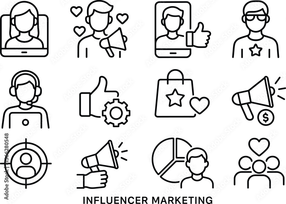 Influencer Marketing Outline Icon Set Vector Illustration for Social ...