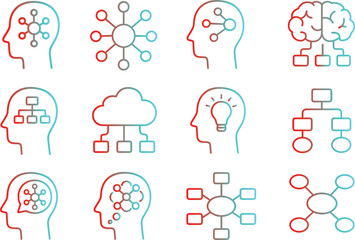 Poster - Human Head Icons Set Outline Style Vector Illustration Artificial Intelligence Machine Learning and Neural Networks