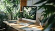 © Lonely Dragon - A bright workspace featuring a desktop computer with a tropical leaf wallpaper, surrounded by lush green plants on a wooden desk.