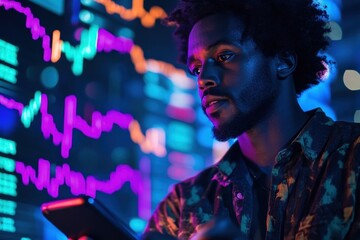 Poster - Biracial man analyzing stock market trends on a smartphone in a vibrant digital environment, stock market and diagrams over biracial man using smartphone