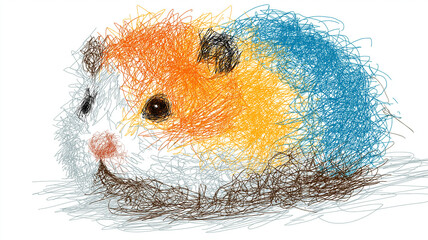 Poster - Colorful hamster drawn with messy scribbles on white background, showcasing playful and artistic style. vibrant colors and chaotic lines create lively and whimsical expression