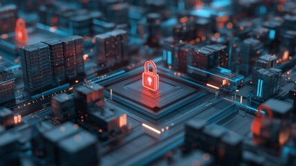 Poster - Glowing red padlock symbol stands out futuristic digital cityscape, representing cybersecurity and data protection. scene is filled with interconnected circuits and buildings, highlighting secure