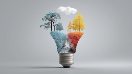 Poster - Light bulb creatively displays four seasons with trees and colors, symbolizing innovation and change. concept blends nature and technology, evoking sense of creativity and transformation