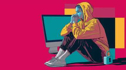 Aufkleber - Person in yellow hoodie sits thoughtfully beside computer monitor, symbolizing online safety and cyber awareness. padlock represents security, set against vibrant pink background