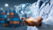 © KM - Doctor in white coat holds digital hologram of world map, symbolizing global telemedicine and healthcare access. background features blurred shipping containers, indicating global supply chains