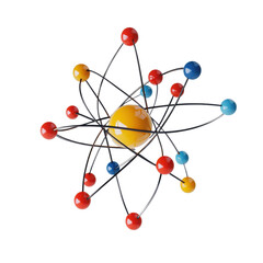Poster - Isolated structure of an atom with colorful electrons on a Transparent background demonstrating atomic theory, Isolated physics atom structure PNG background