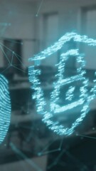 Aufkleber - fingerprint scanner and security padlock icon over network of connections against empty office